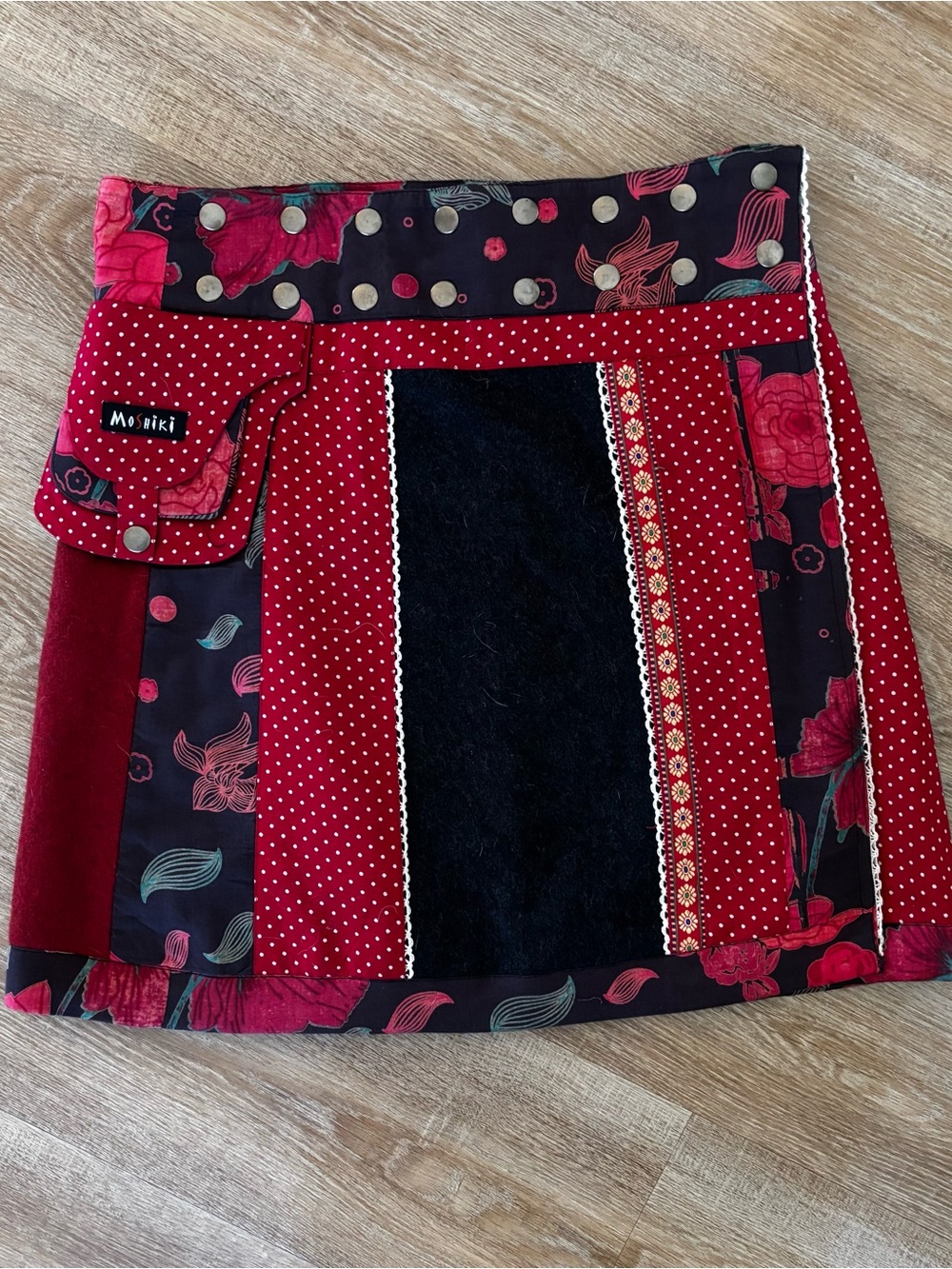 Desigual Red Patchwork Mini Skirt with Black Panel